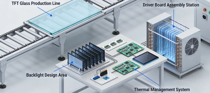 Module-level LCD integrator facility in Xiamen, showing TFT glass, backlight design, driver board configuration, and thermal management processes